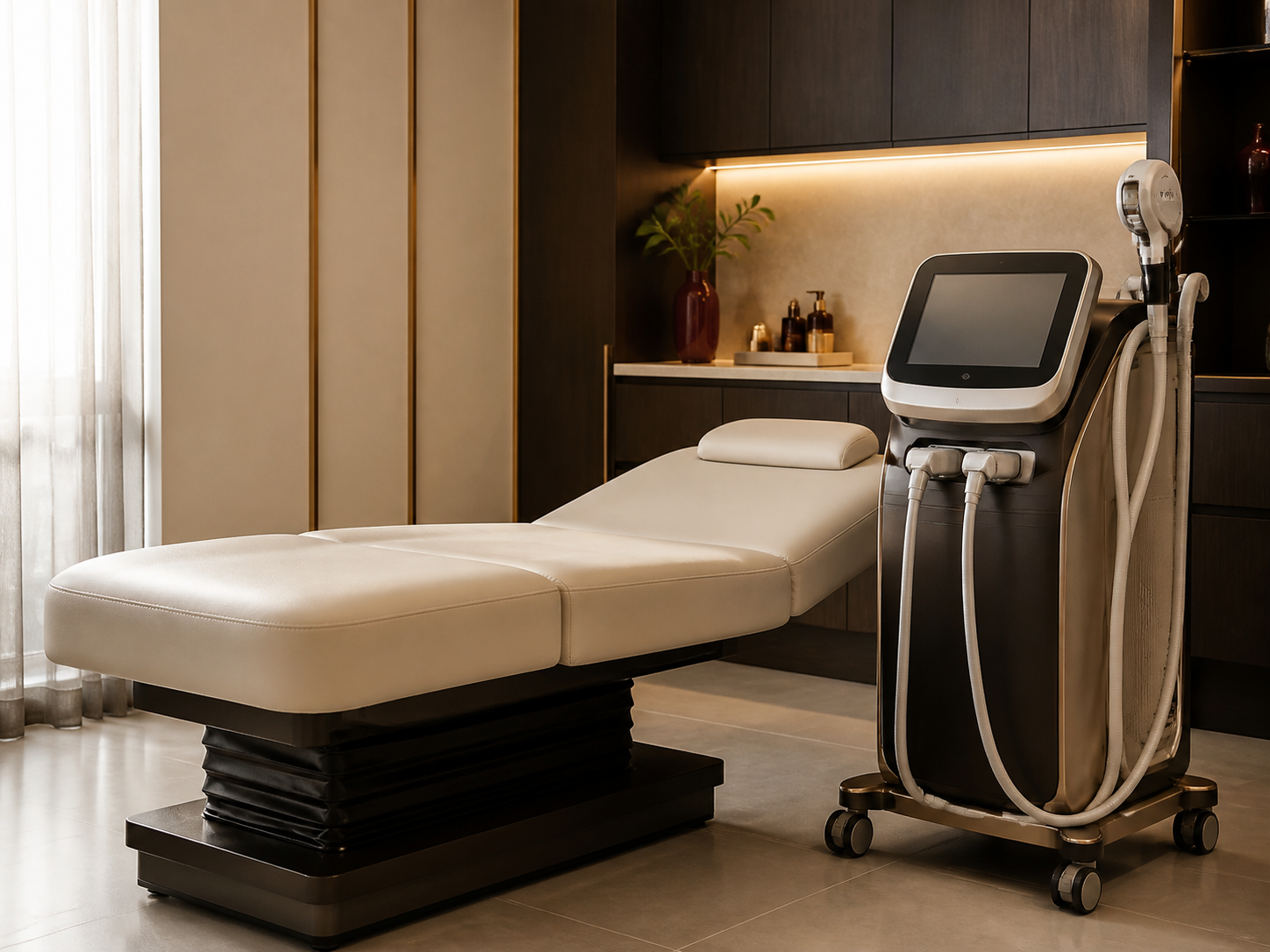 Sala de clínica estética com maca e equipamento de alta tecnologia